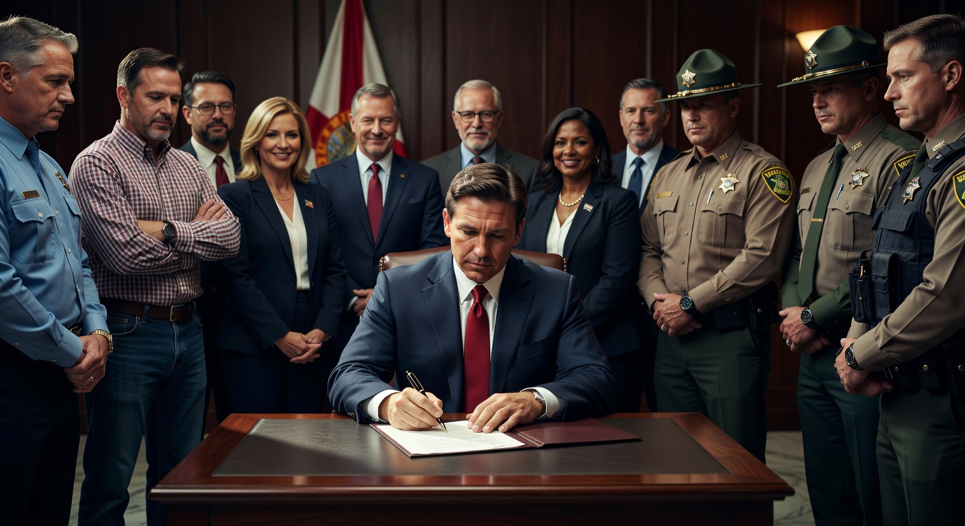 Governor Ron DeSantis signing CS/SB 52, surrounded by supporters and law enforcement at the bill signing ceremony
