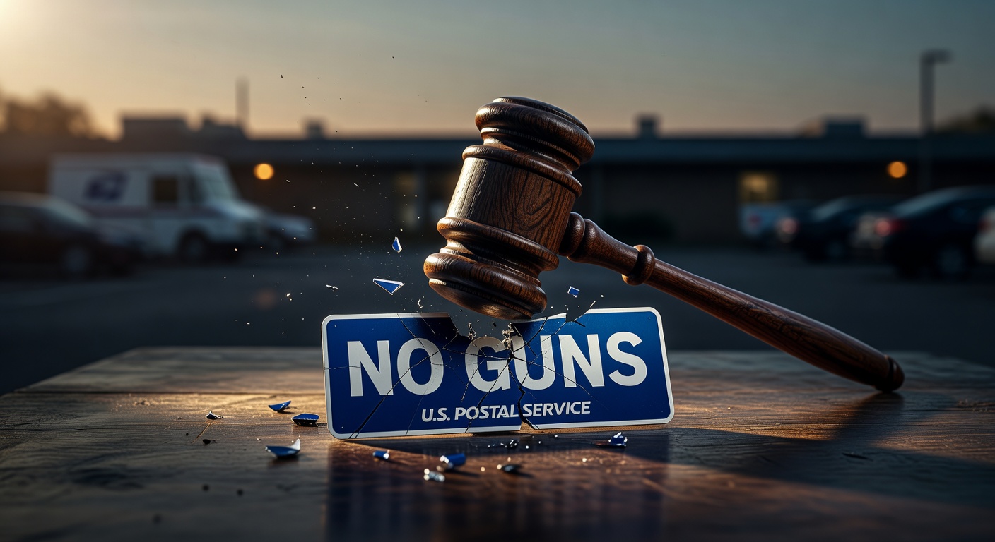 Federal judge's gavel striking down on a USPS no-guns sign, symbolizing victory for Second Amendment rights in post office parking lots