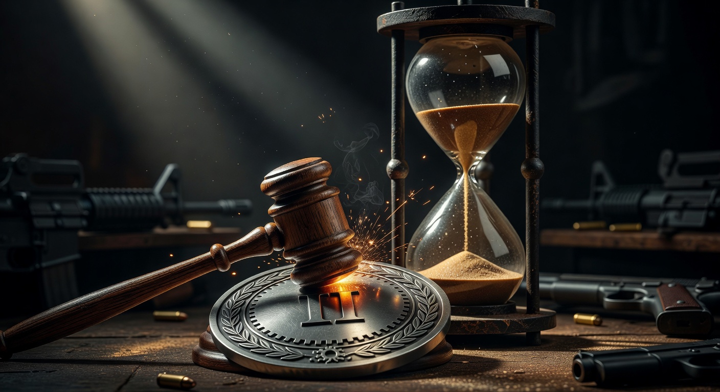 Graphic of a gavel striking down a Second Amendment shield with a 72-hour hourglass in the background