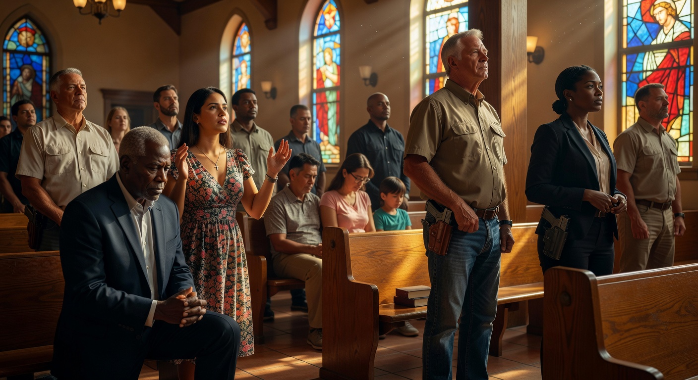 Diverse Florida church congregation worshiping safely, symbolizing protected religious freedom