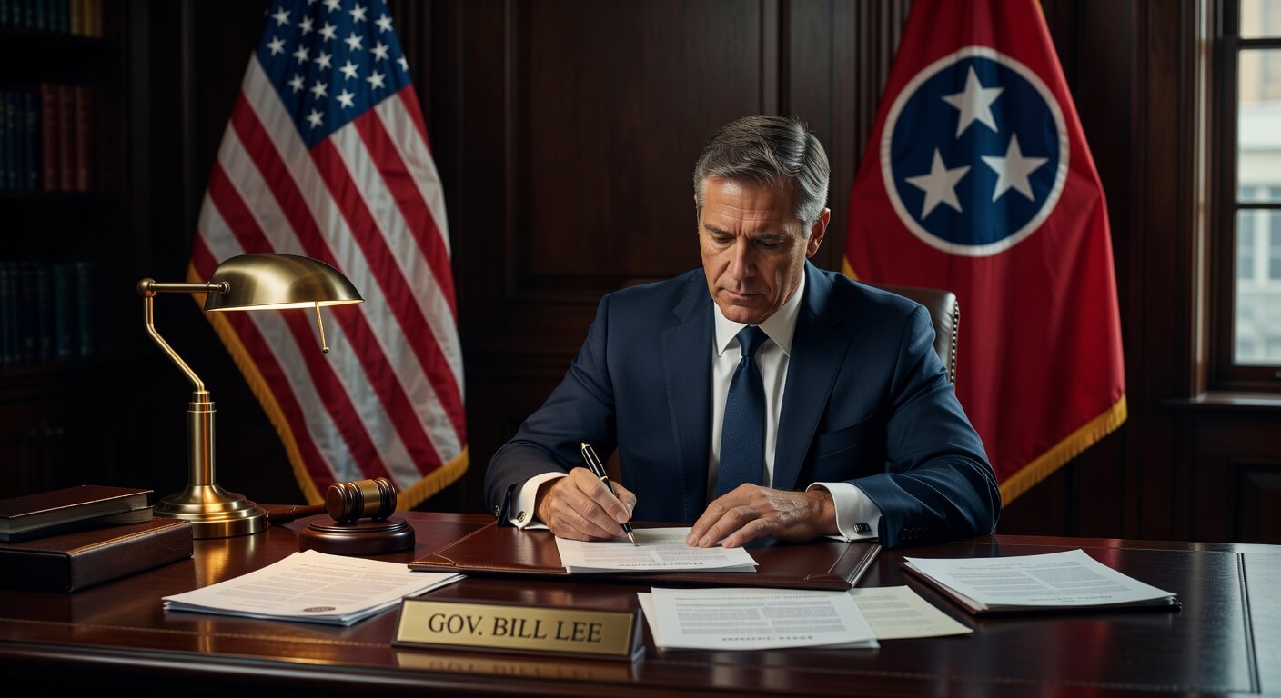 Governor Bill Lee at desk signing pro-2A legislation with American flag and Tennessee state flag in background