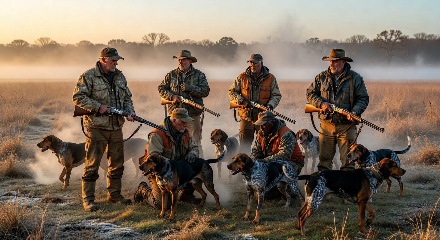 Group of hunters with hounds in a misty field at dawn, rifles slung over shoulders, embodying American hunting tradition.