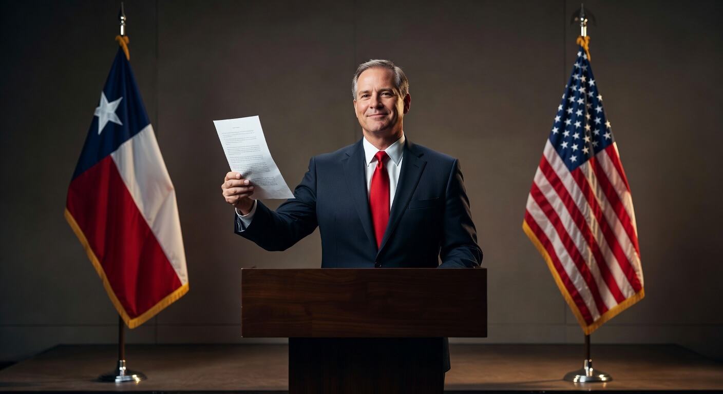 Texas AG Ken Paxton smiling confidently at podium with Texas and American flags, holding document symbolizing ATF rule defeat.