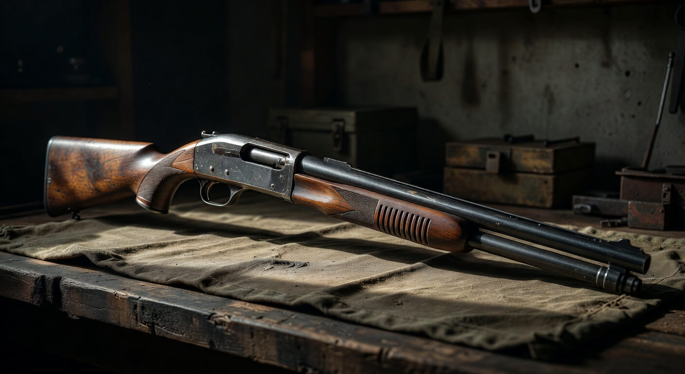 Close-up of a classic pump-action military shotgun like the Winchester Model 12 or Ithaca 37, with wooden stock and blued finish, symbolizing American military history.