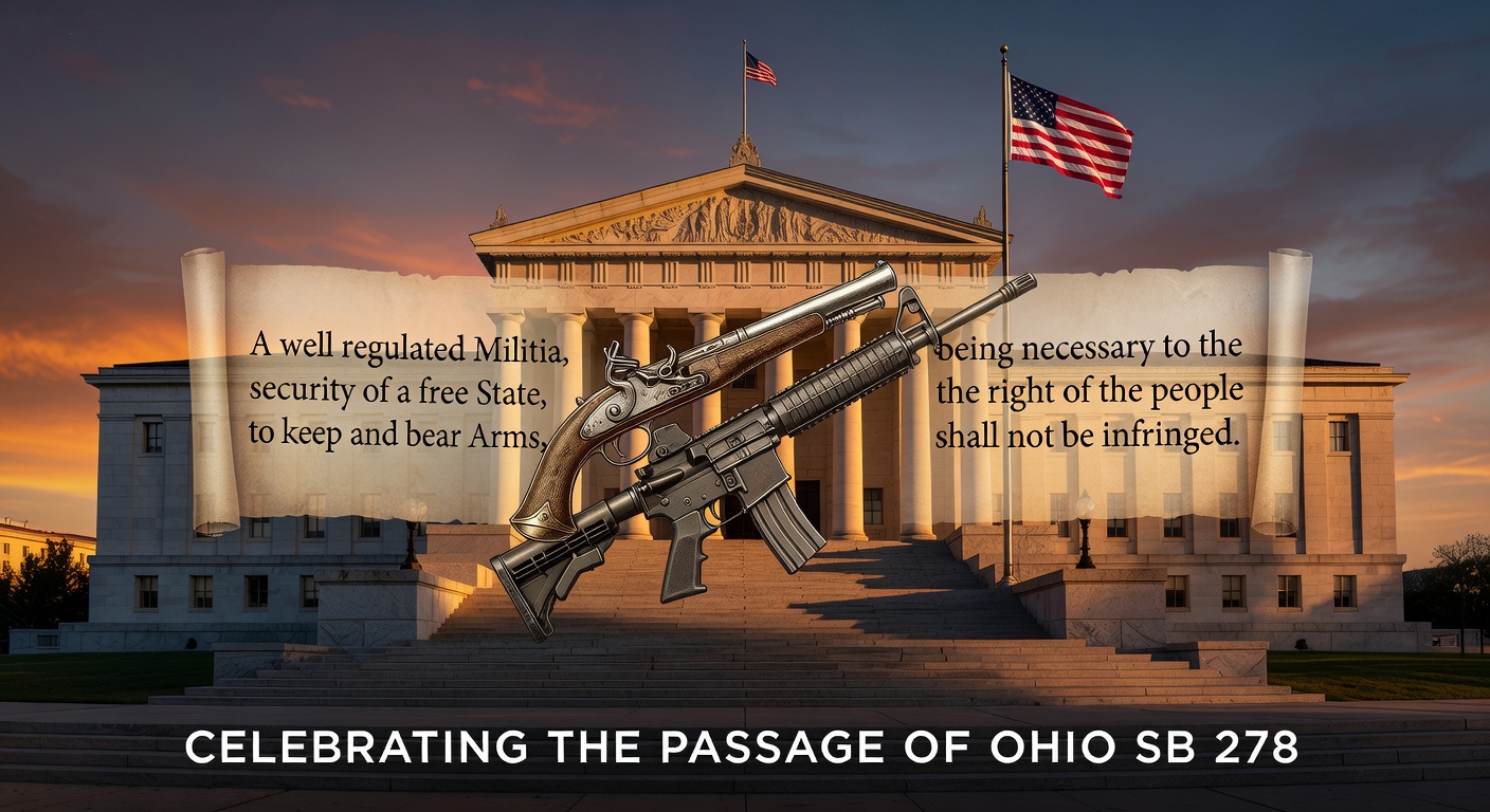 Ohio Statehouse with American flag and Second Amendment imagery overlay, celebrating passage of SB 278