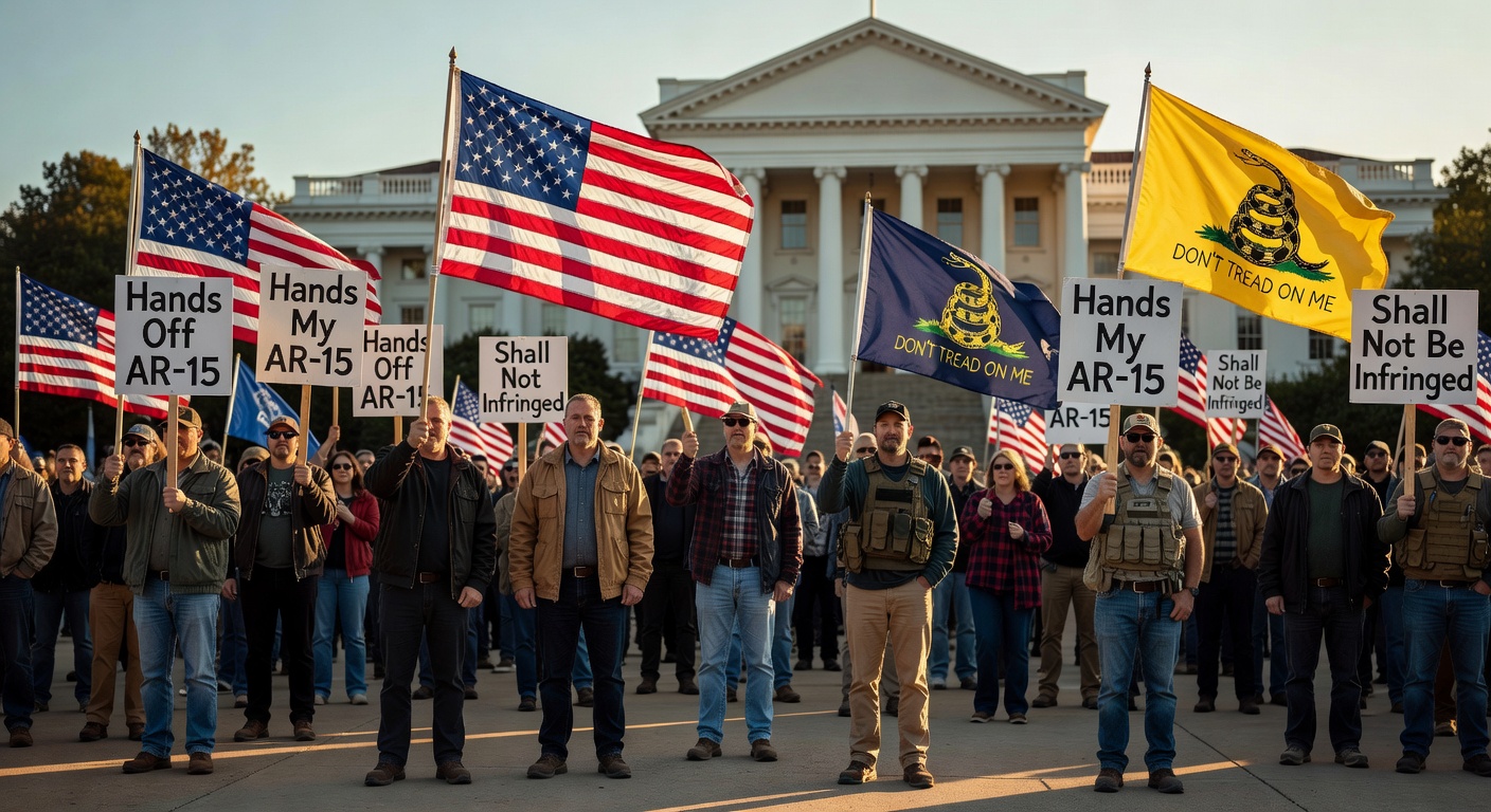 Crowd of pro-Second Amendment protesters waving American and Gadsden flags outside the Virginia State Capitol, holding signs reading 'Hands Off My AR-15' and 'Shall Not Be Infringed'.