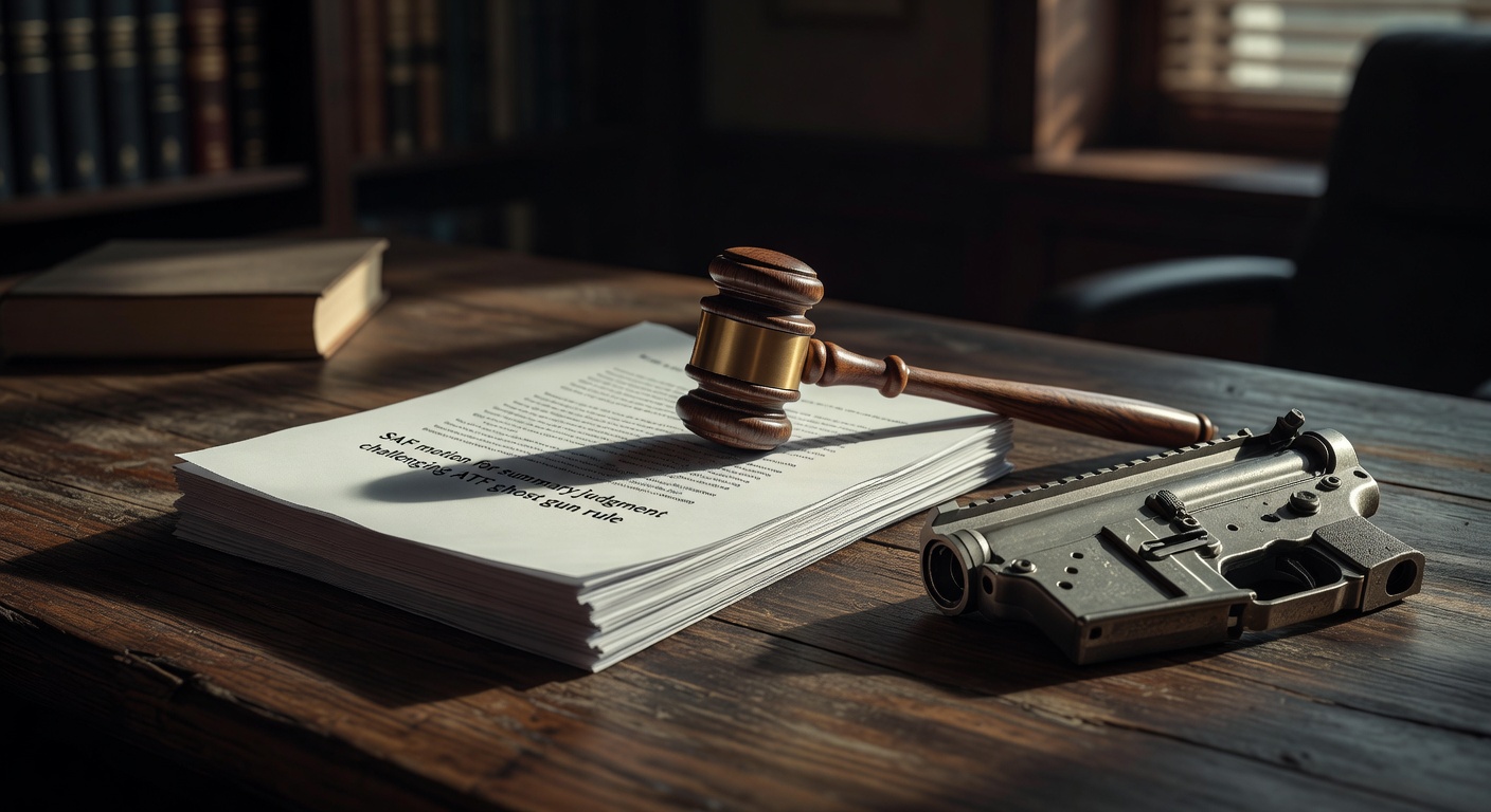 Legal documents from SAF motion for summary judgment challenging ATF ghost gun rule, featuring gavel and unfinished AR-15 lower receiver