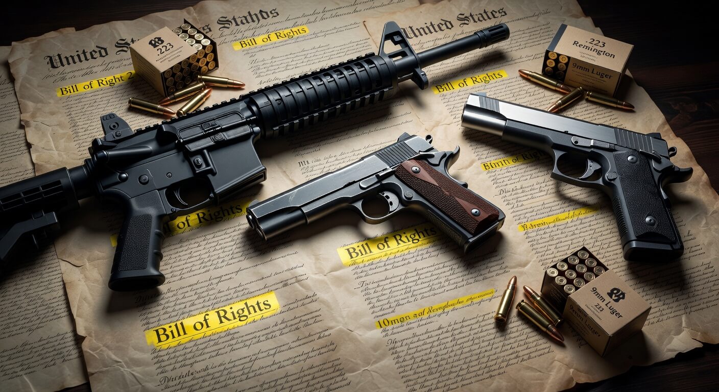 Collage of American firearms including rifles, pistols, and ammo on a bed of the US Constitution with Bill of Rights highlighted, evoking protected gun rights.