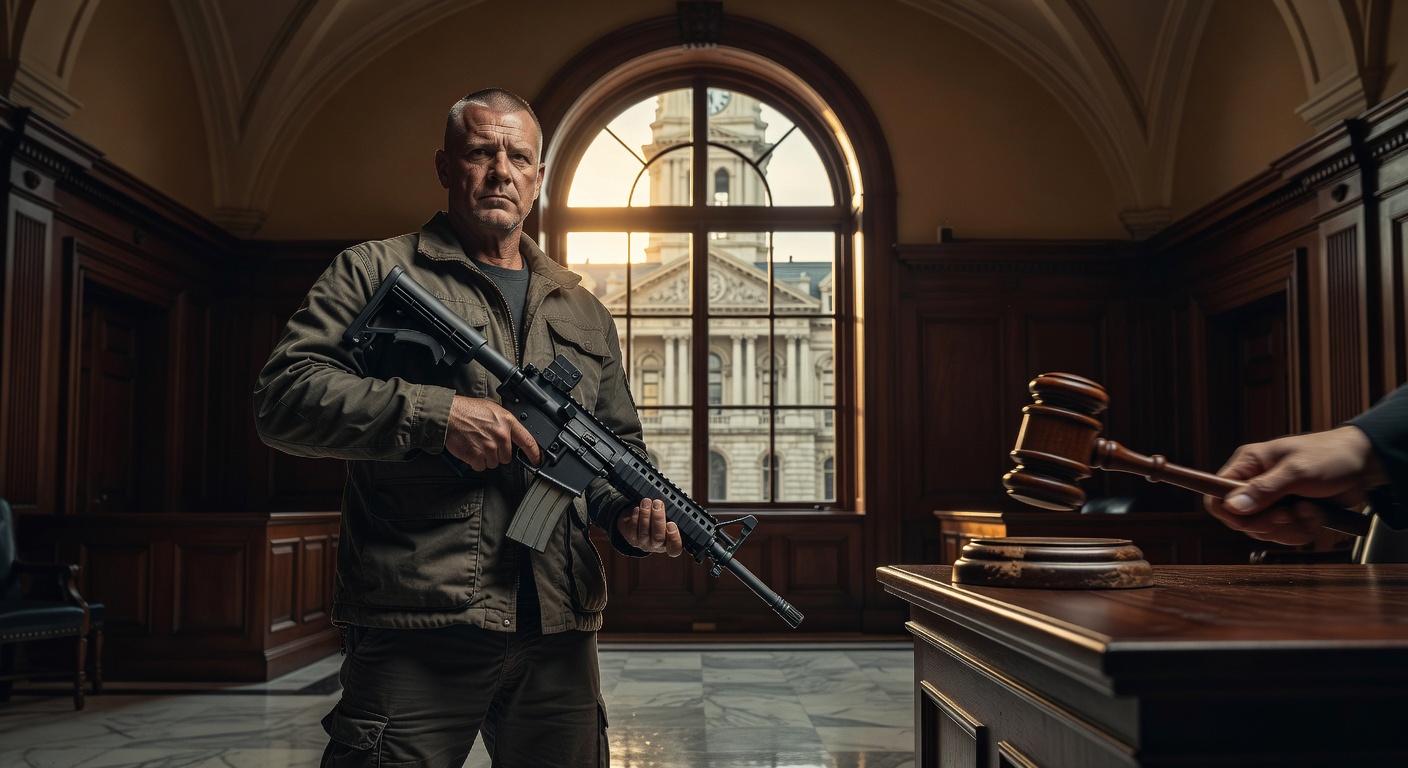 Confident Ohio gun owner in court, holding rifle, with city hall in background and gavel striking in favor of 2A rights