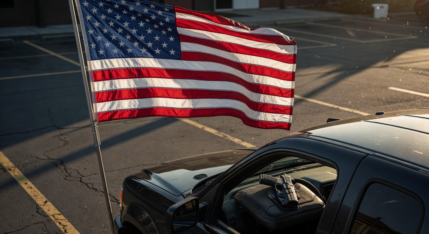 American flag waving over a post office parking lot with a holstered firearm on a car seat, representing expanded Second Amendment rights