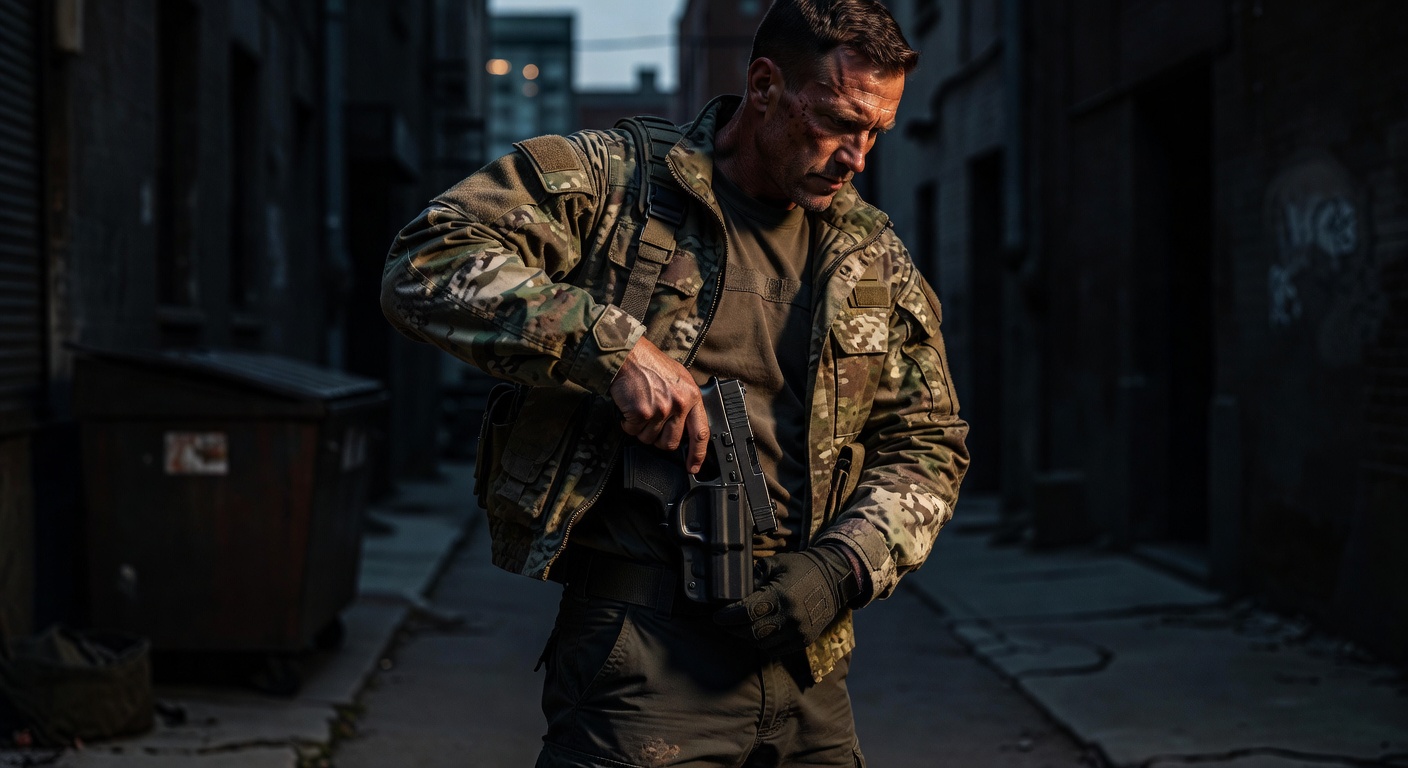 Elite special operations soldier holstering a concealed pistol, representing the bill's push for nationwide carry rights for trained veterans