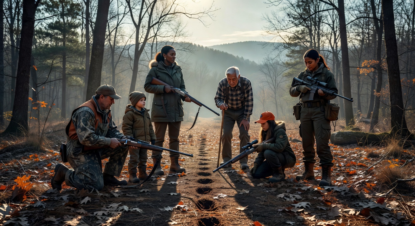A group of diverse Pennsylvania hunters, including families, enjoying Sunday hunting on public land with rifles and shotguns.