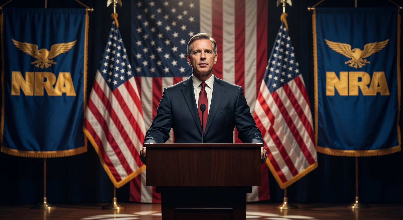 Acting U.S. Attorney General Todd Blanche speaking at the 2026 NRA Annual Meetings podium with American flags and NRA banners in the background.