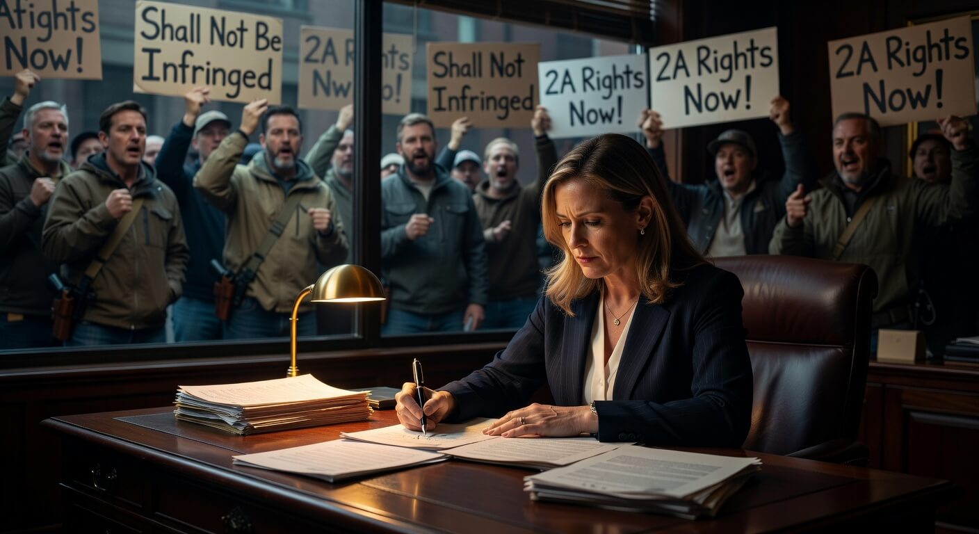 Virginia Governor Abigail Spanberger signing controversial gun control bills into law amid protests from 2A advocates.