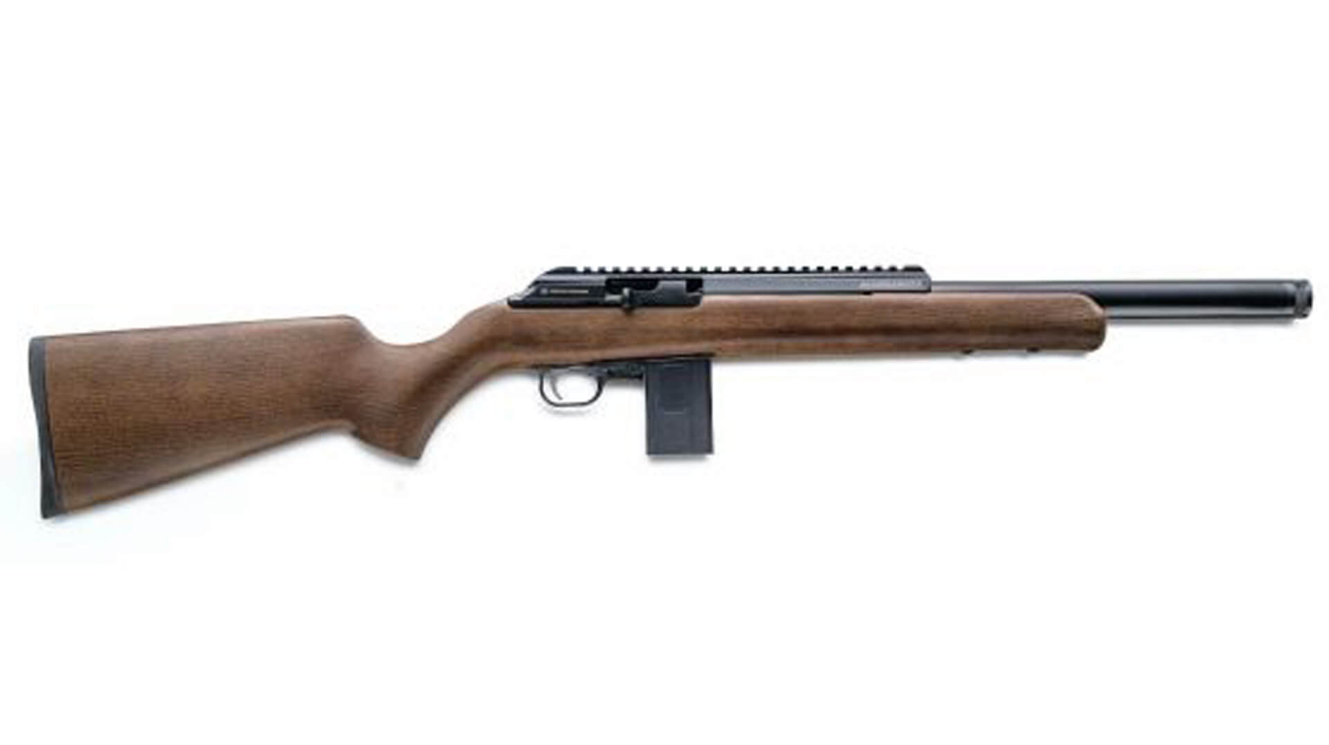 Chiappa M1-22 Bushranger semi-auto .22 LR rifle in profile, showcasing its 16.5-inch barrel, aluminum handguard, and classic M1 Carbine styling with wood furniture.