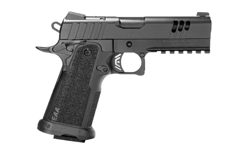 EAA Girsan Witness2311 CMX double-stack 1911-style pistol in black, shown from a three-quarter angle highlighting the slim grip module and 17-round magazine.