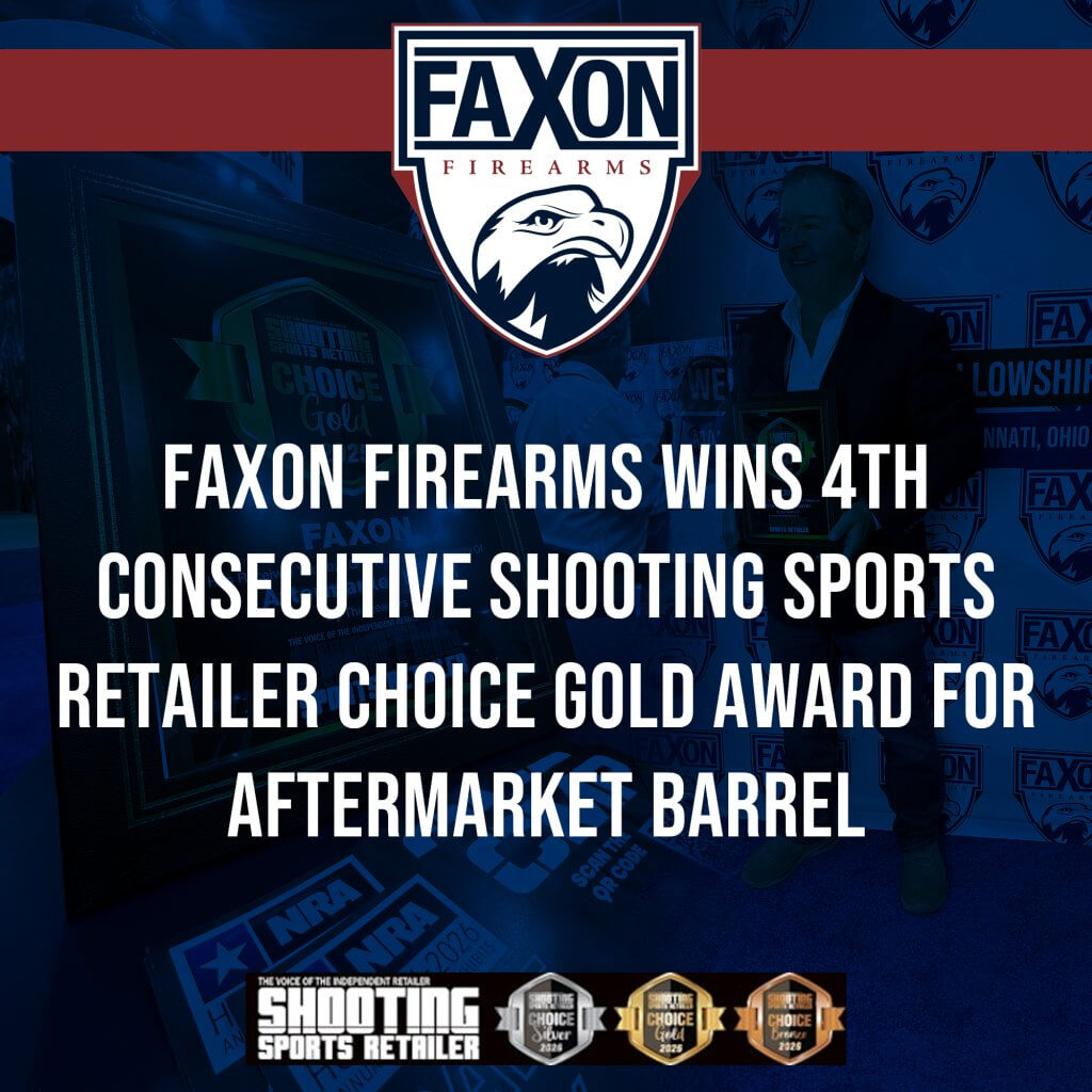 Faxon Firearms Shooting Sports Retailer Choice Gold Award trophy for Best Aftermarket Barrel, shining brightly against a backdrop of AR components