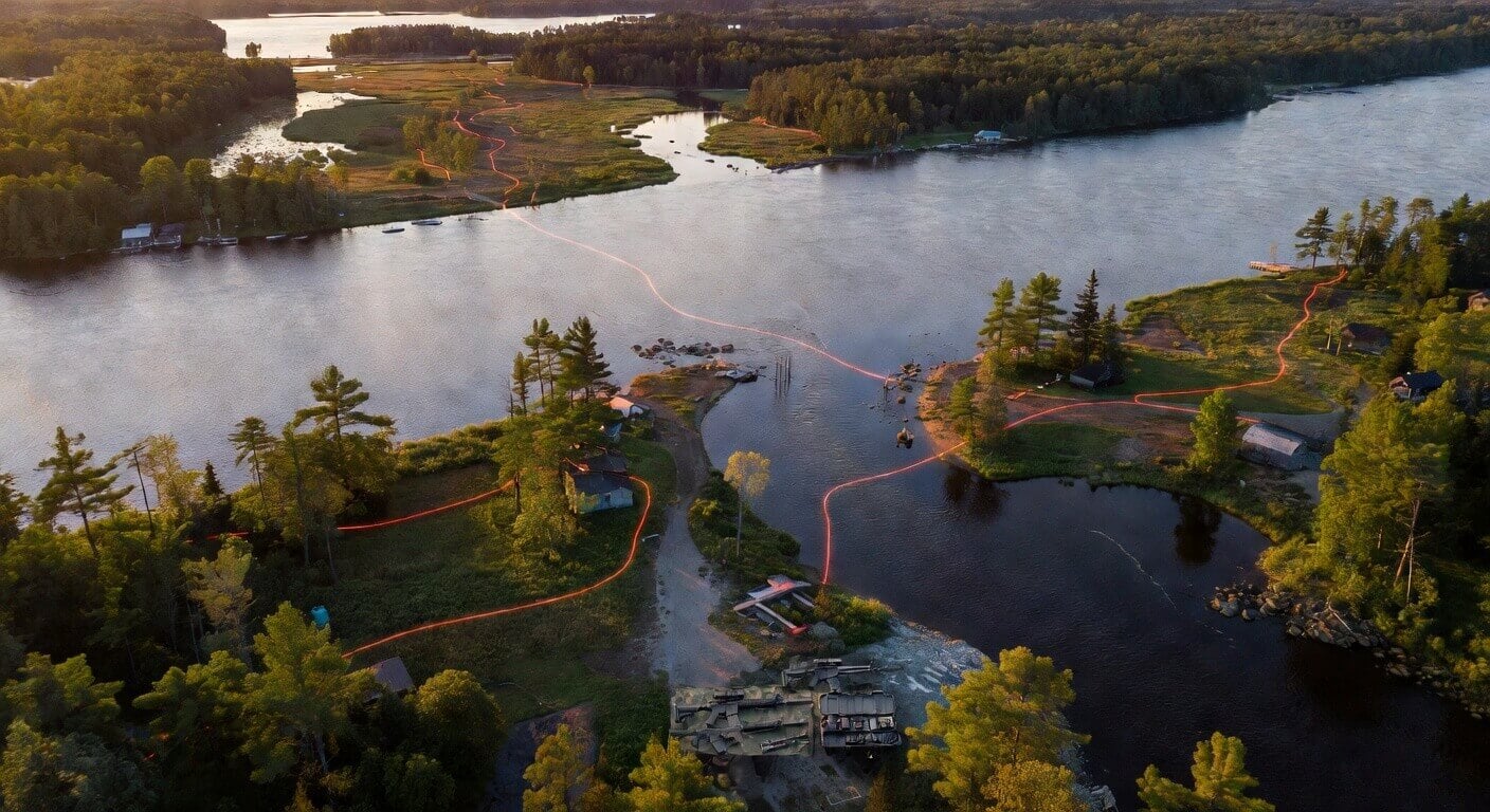 Aerial view of the Akwesasne Mohawk Territory straddling the U.S.-Canada border with marked smuggling paths along the St. Lawrence River