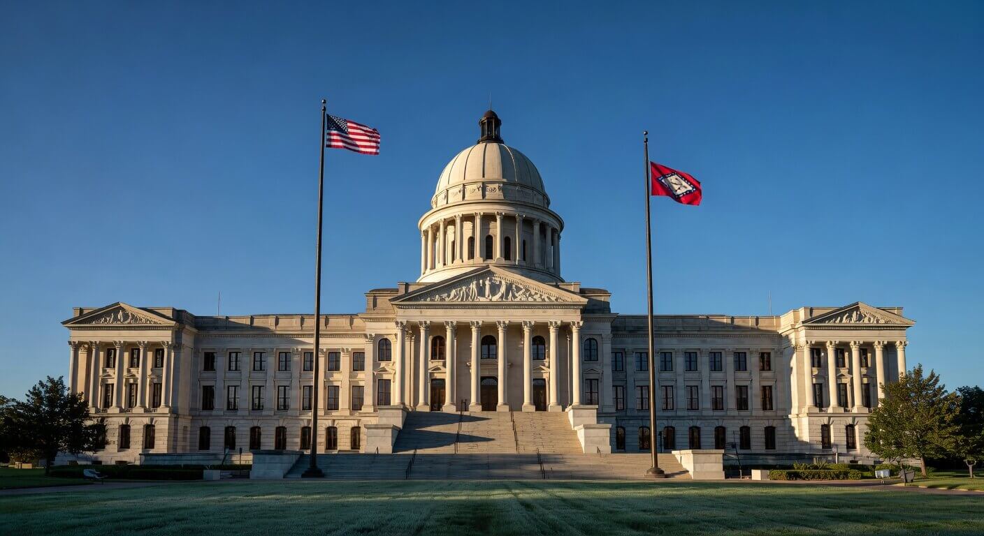 Arkansas State Capitol building under a clear blue sky with the American and Arkansas flags flying
