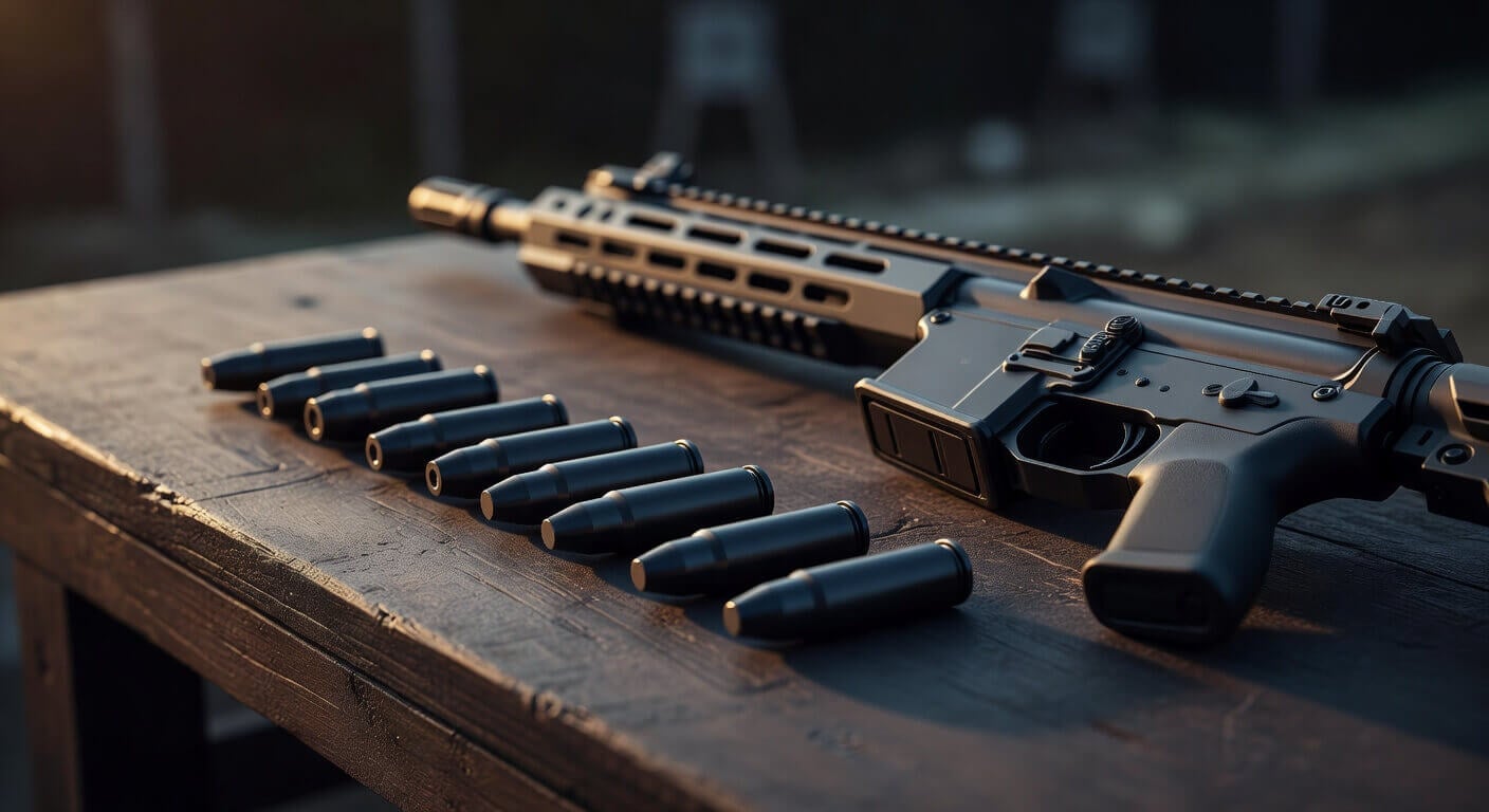 Close-up of sleek caseless ammunition rounds displayed beside a modern rifle on a wooden shooting bench
