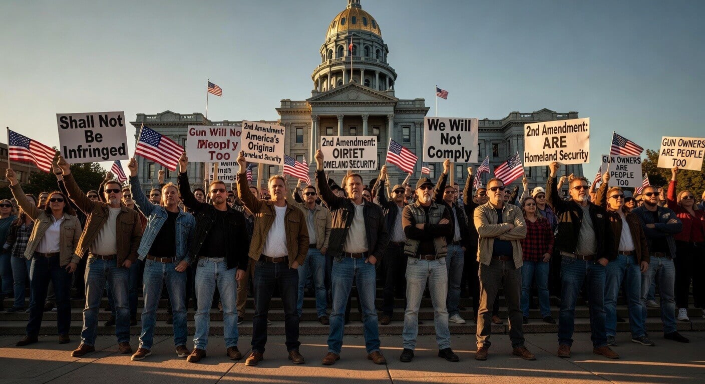 Crowd of pro-Second Amendment supporters gathered outside the Colorado State Capitol building holding signs advocating for gun rights