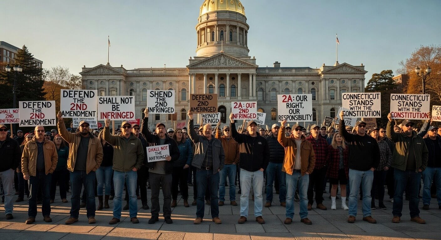Crowd of Second Amendment supporters gathered outside the Connecticut State Capitol building holding signs defending the right to bear arms