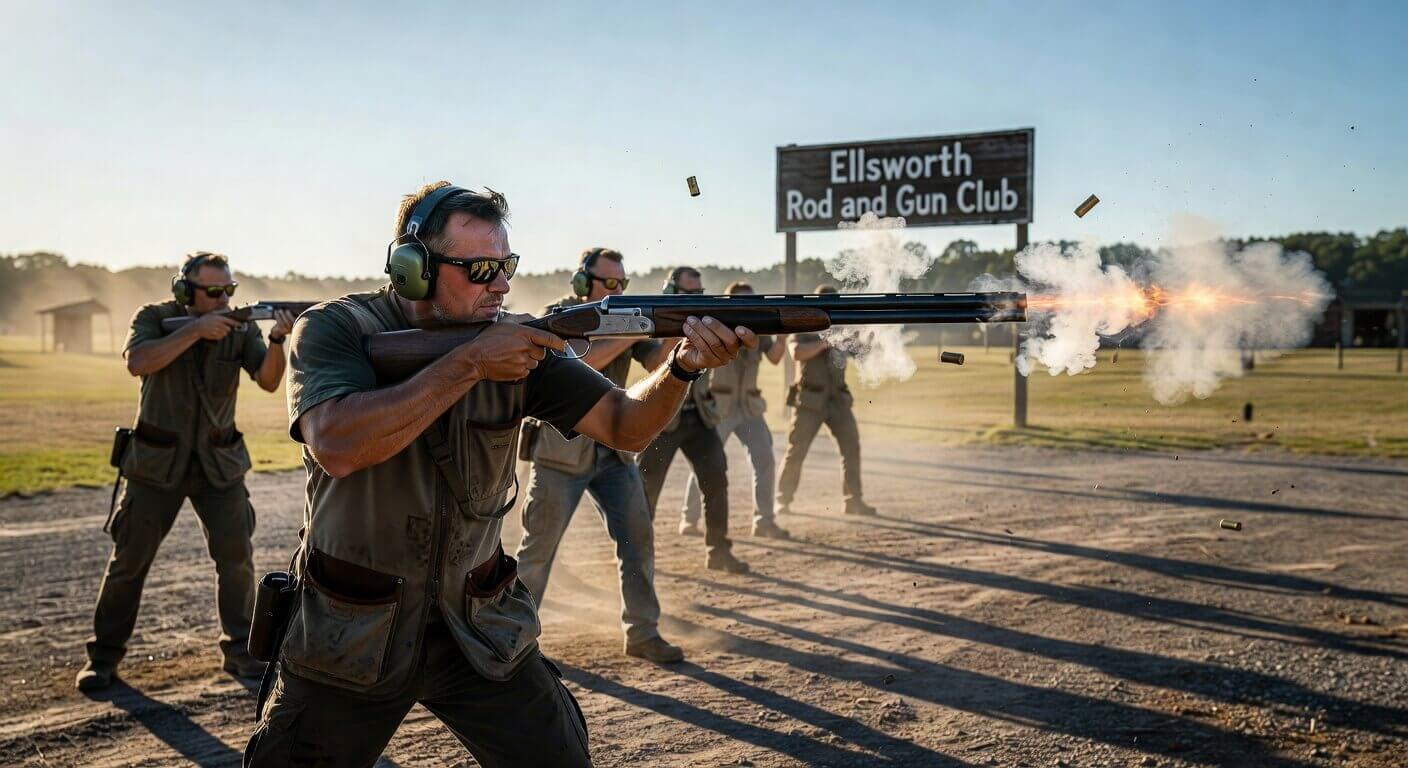 Competitors at Ellsworth Rod and Gun Club on a sunny Thursday afternoon during a Chicken Feed trap event