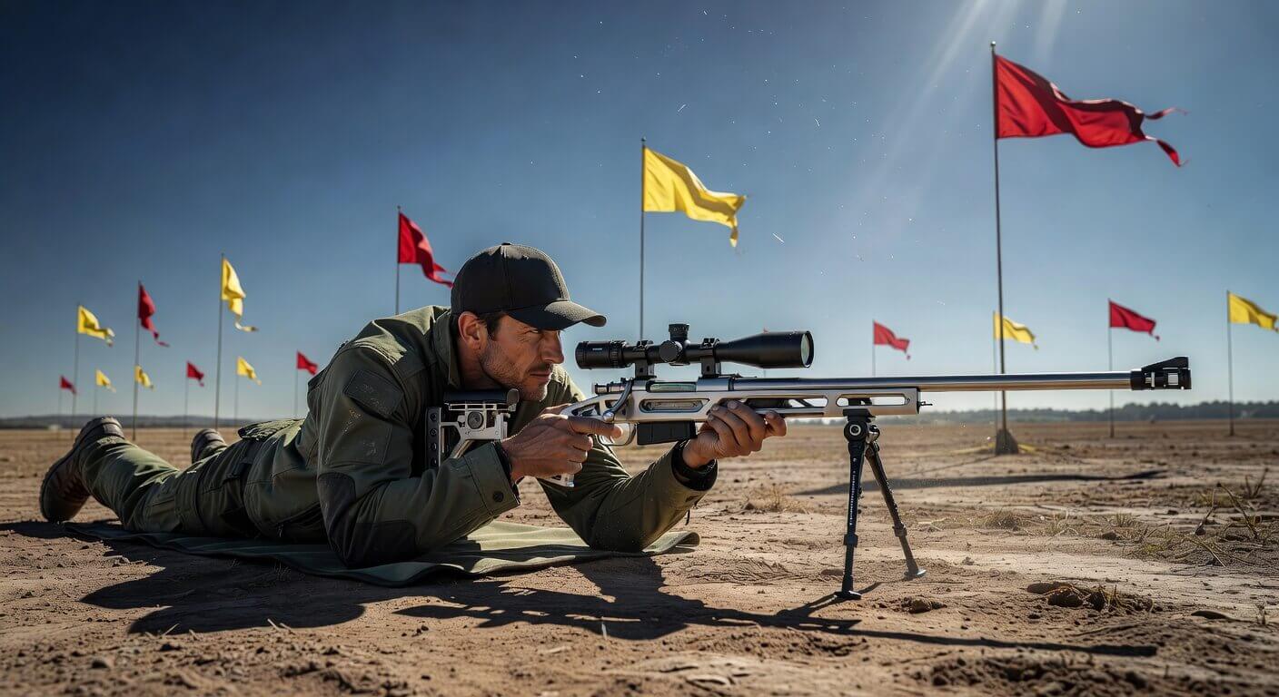 Competitive shooter in prone position behind a custom F-Class rifle on a sunny long-range range with wind flags visible