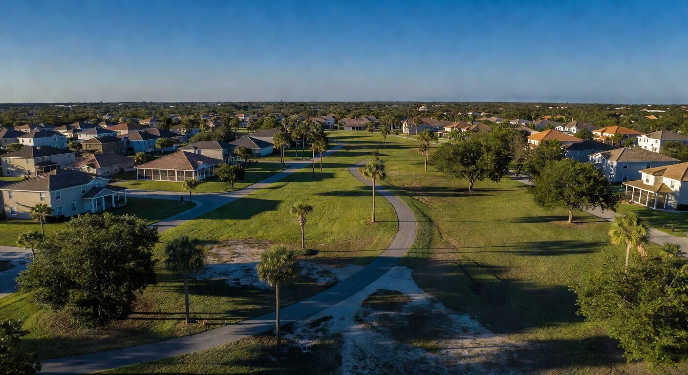 Aerial view of a Florida community park and walking trail surrounded by residential homes under a clear blue sky