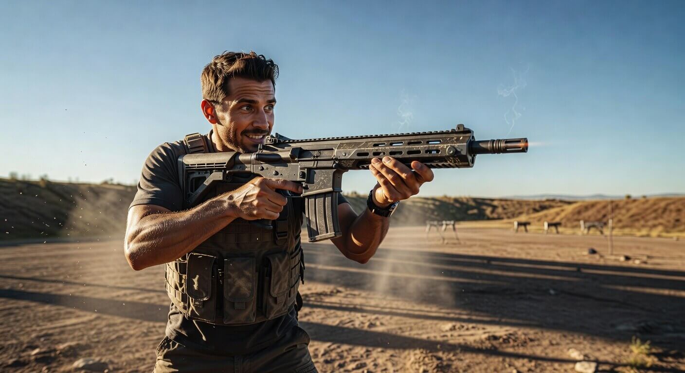 Enthusiastic shooter testing a lightweight caseless ammunition rifle at an outdoor range under clear skies