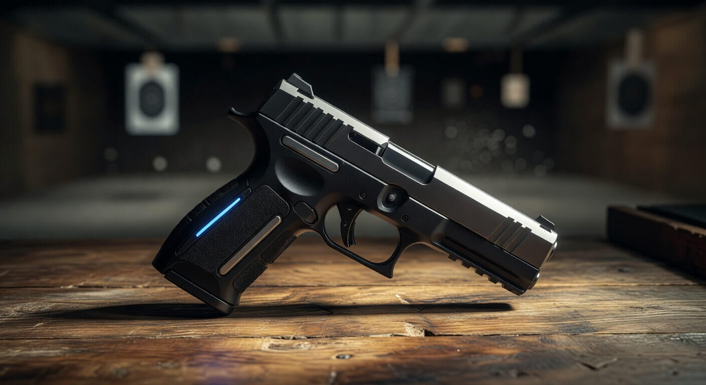 Sleek modern handgun with integrated biometric sensors and advanced polymer frame resting on a wooden range table