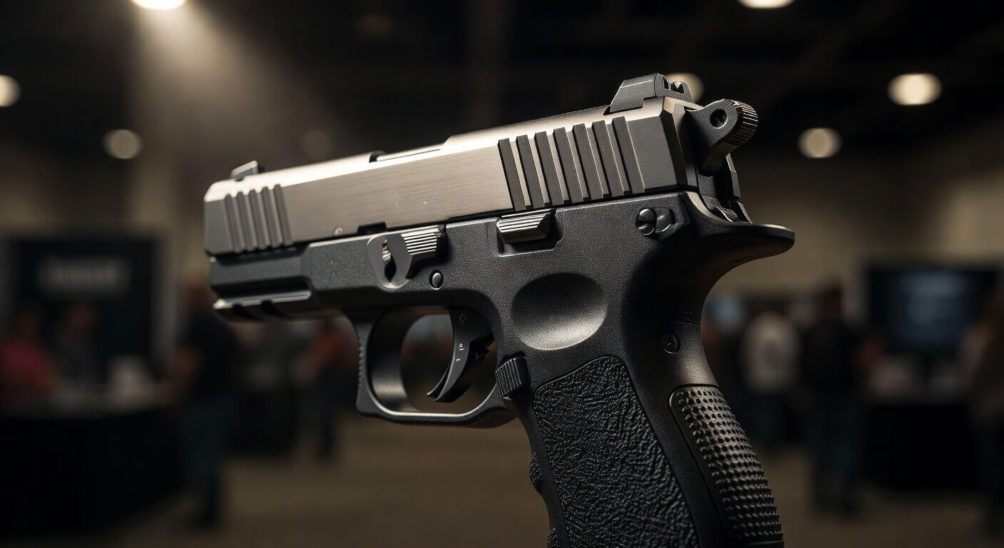 Close-up of the Gestamen Arms G9HSP pistol configured in hammer-fired mode, showing the visible hammer and ergonomic grip at SHOT Show