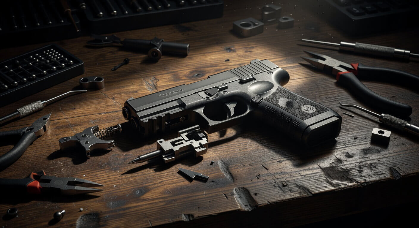 Gestamen Arms G9HSP pistol shown mid-conversion from hammer to striker-fired configuration, highlighting the modular fire control parts on a workbench