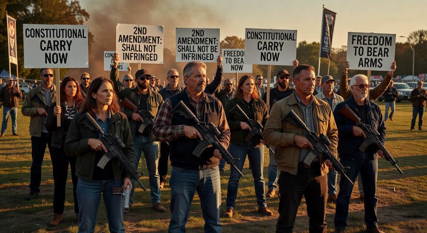 Group of diverse Second Amendment supporters gathered at a peaceful rally holding signs advocating for constitutional carry rights
