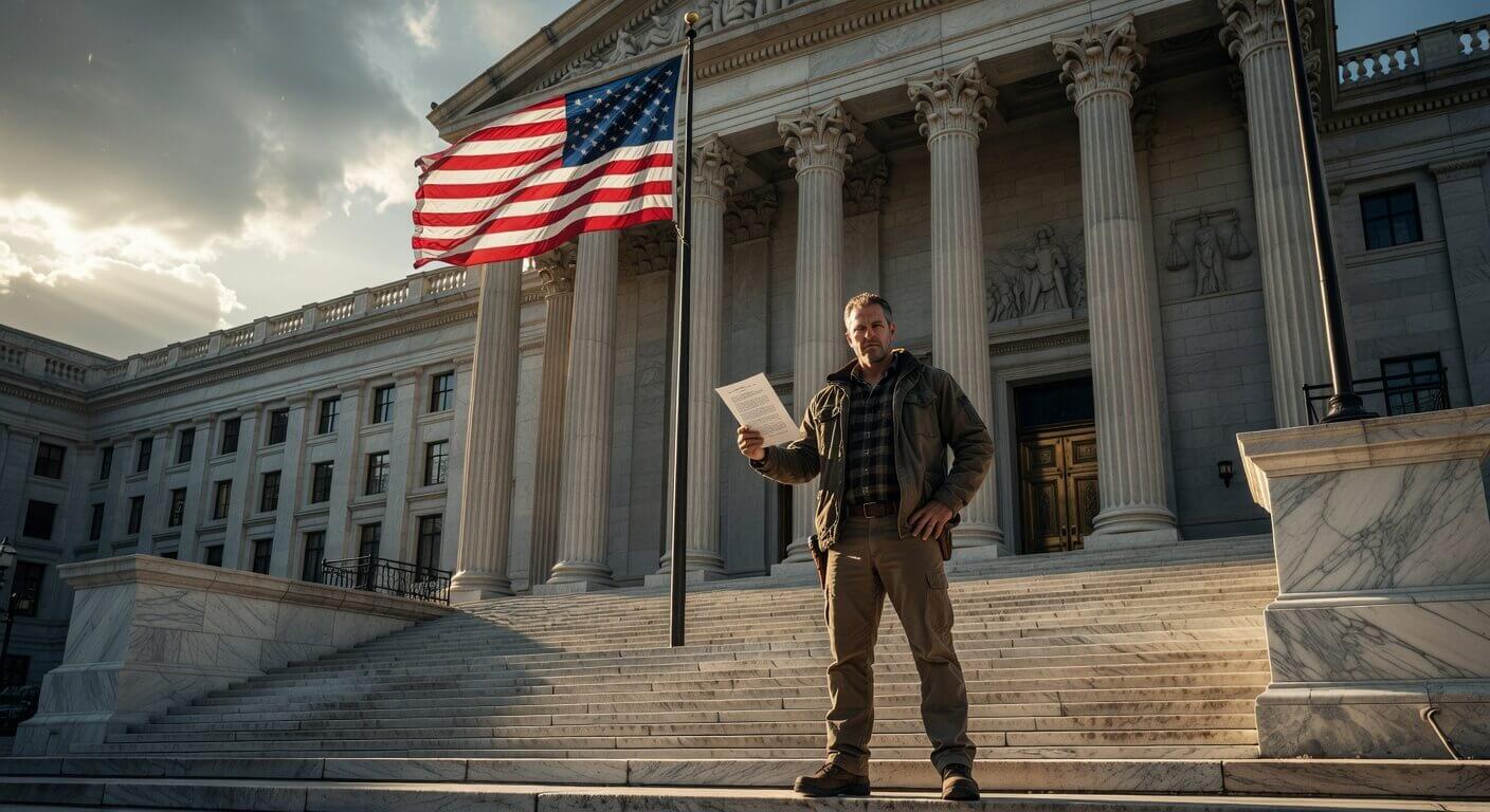 Dramatic image of a federal courthouse with an American flag and a Second Amendment advocate holding a legal brief