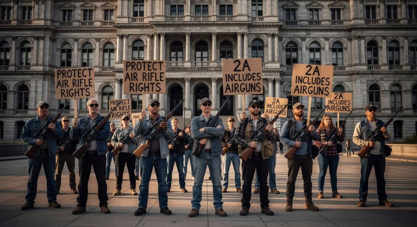 New York state capitol building with air rifle owners holding signs in protest
