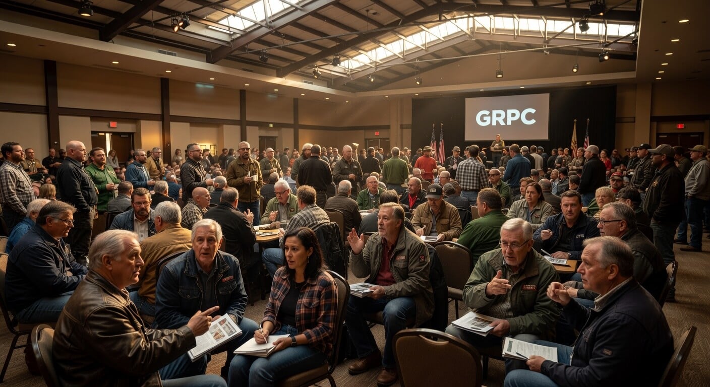 Spacious conference hall in Phoenix filled with engaged attendees discussing Second Amendment issues at the GRPC