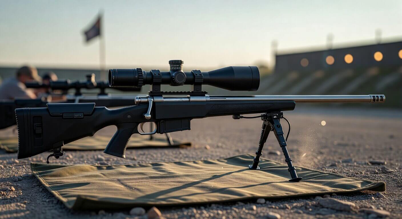 Close-up of a precision F-Class rifle with bipod and high-magnification scope on a shooting mat during a match