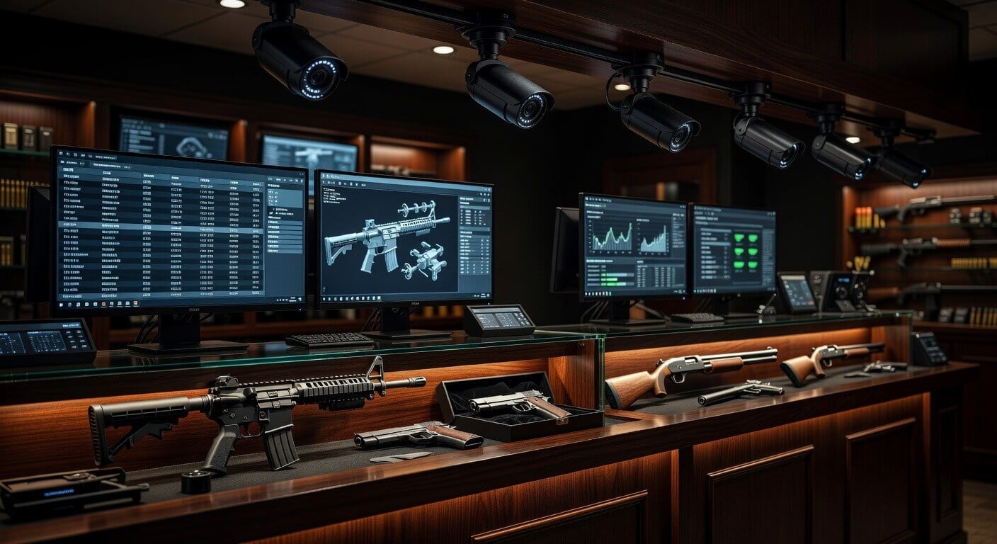 High-end security cameras monitoring a firearms retail counter with computer database screens visible