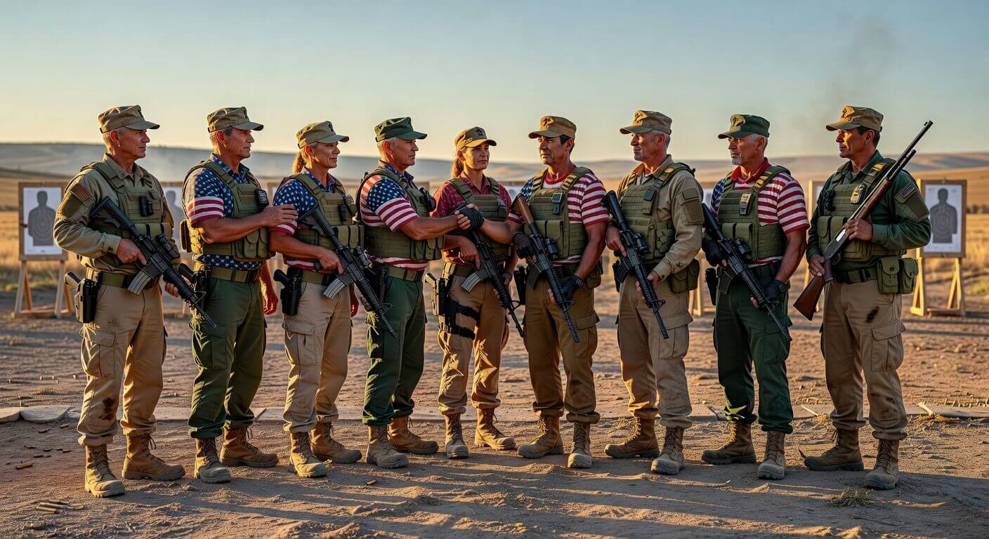 Group of American veterans standing together outdoors with firearms during a legal range day, symbolizing restored rights and camaraderie