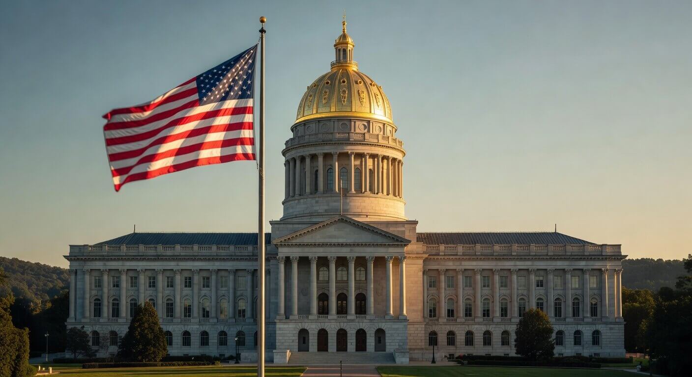 West Virginia State Capitol building with American flag waving in the foreground