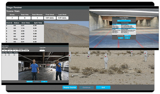 Screenshot of customizable virtual shooting range software showing multiple target zones and scenario builder tools