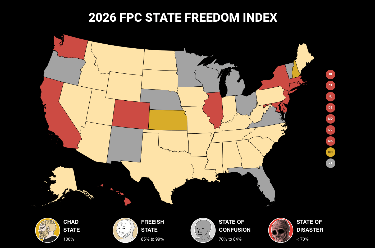 Color-coded map of the United States from the FPC 2026 State Freedom Index, with green for top-scoring states, yellow for middling, and red for restrictive ones, highlighting surprises in red states.