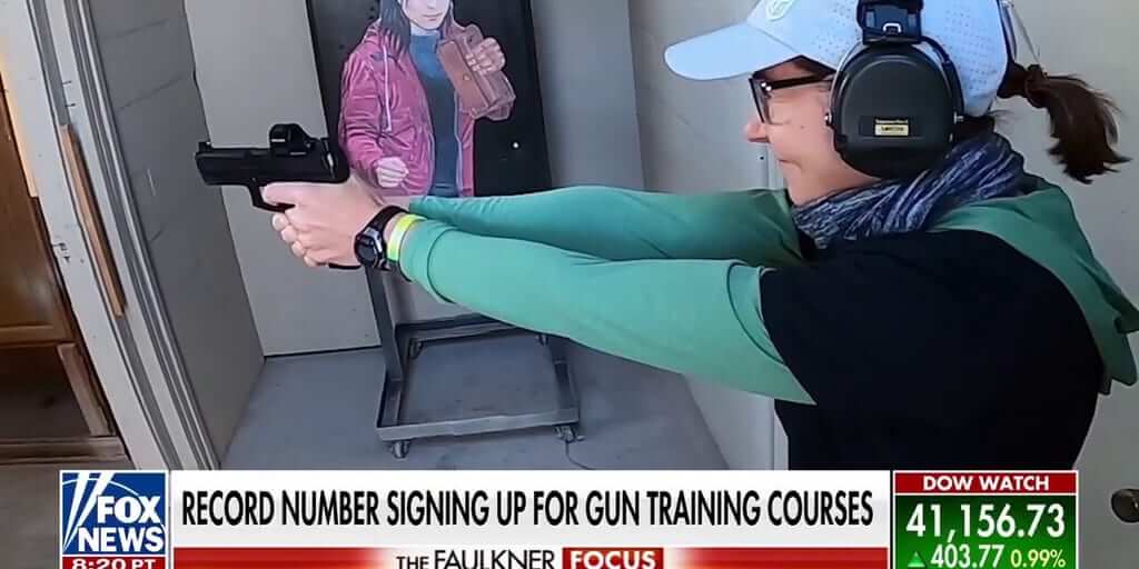 Bar graph illustrating 150% enrollment growth in firearms training from 2025 to 2026, with breakdowns by course type and demographics.