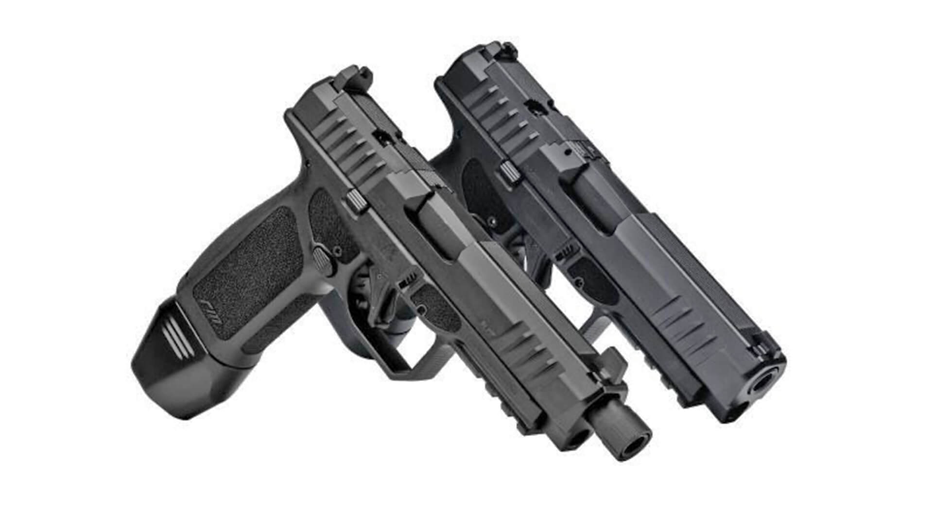 Rost Martin RM1F and RM1F Tactical full-size 9mm pistols displayed side-by-side with optics and accessories.