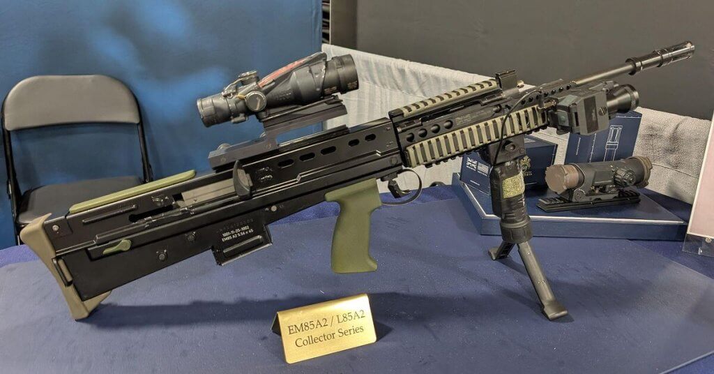 Vast SHOT Show 2026 booth showcasing rows of gleaming military clone rifles and pistols under bright lights, with excited crowds examining details.