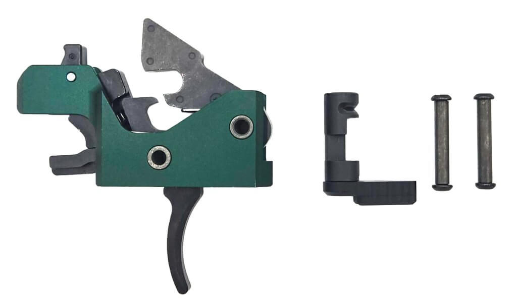 Close-up of the Ambi Disruptor forced reset trigger and LAT Trigger installed in AR-15 lowers, showing ambi safety selectors and crisp trigger shoes.
