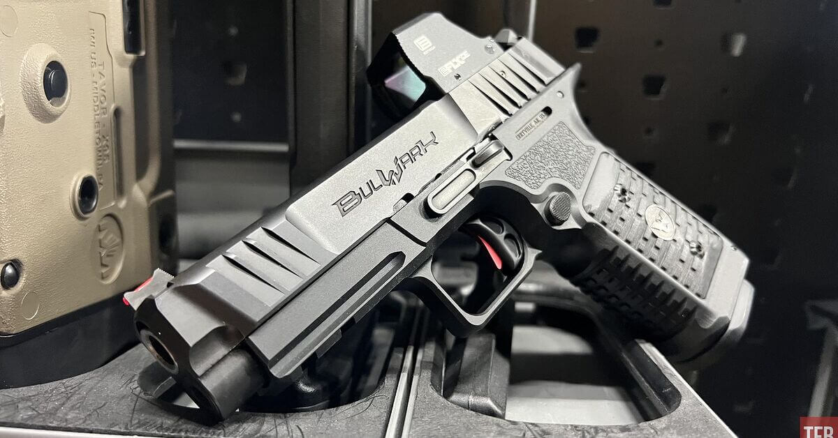 Close-up of BULWARK's enclosed hammer system, optics-ready slide cuts, and aggressive frame texturing.