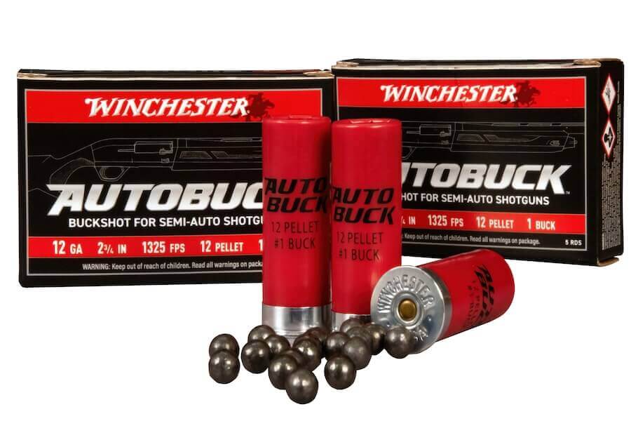 Winchester AutoBuck 12-gauge buckshot box on a wooden table next to a semi-automatic shotgun.