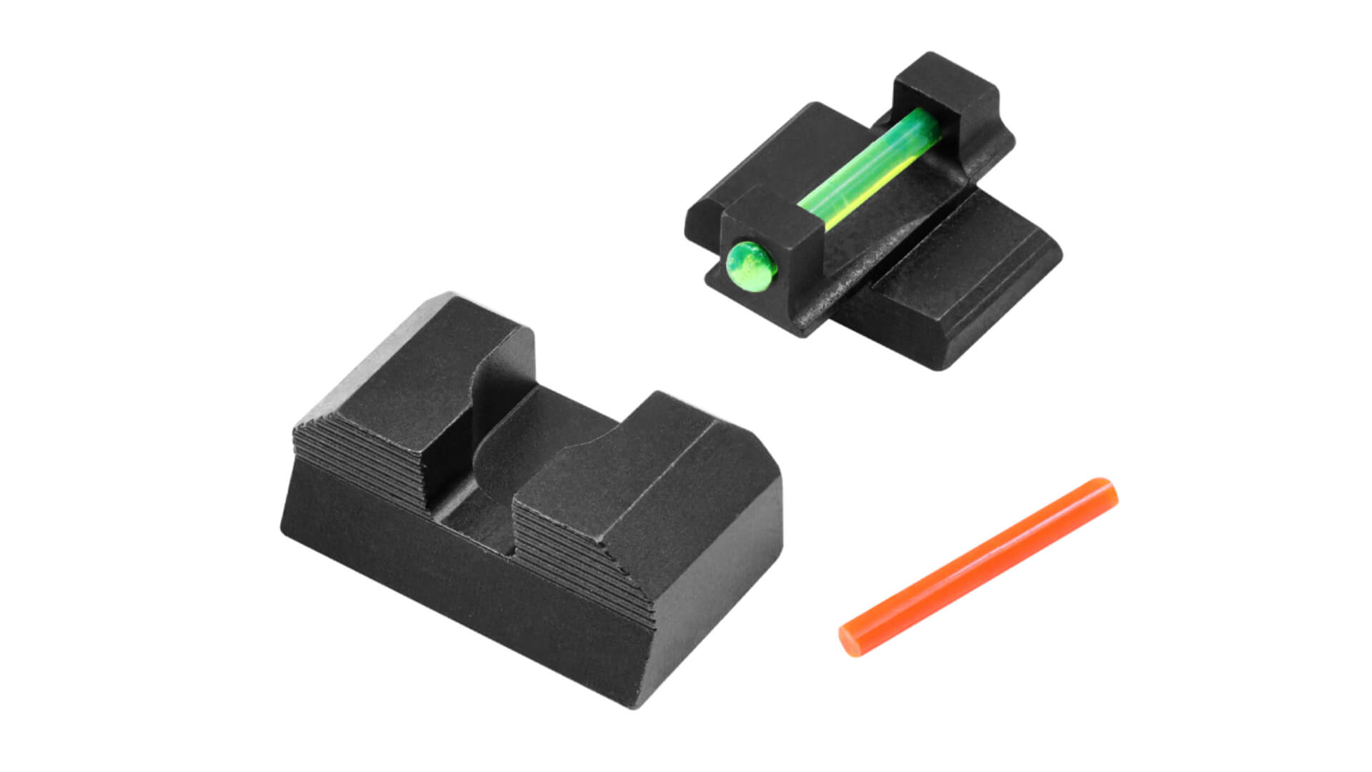 Close-up of XS Sights fiber-optic front sights installed on HK VP9 pistol, glowing bright orange in low light